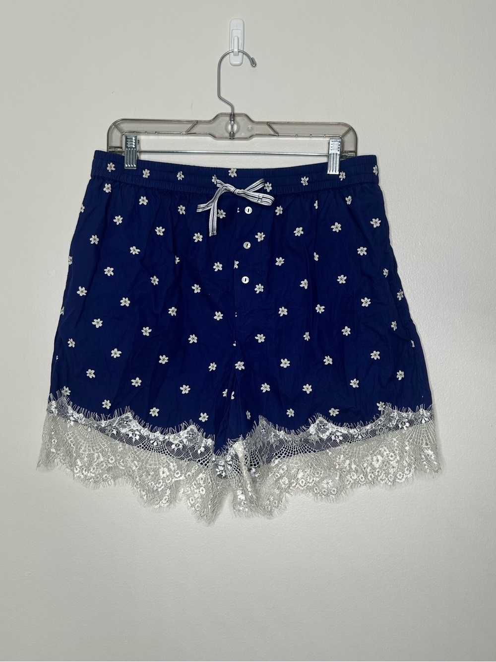 Anthropologie Navy Blue Floral Lace-Trim High-Waist Shorts